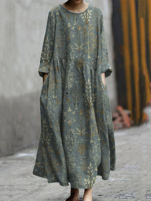 Plant Decorative Pattern Pocket Cotton Dress