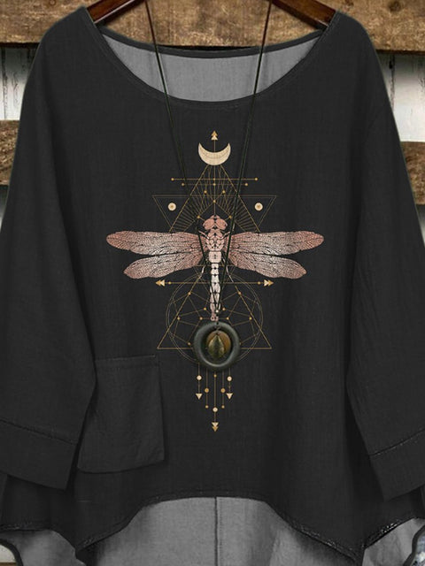 Minimalist Dragonfly Graphic Printed Women's Casual Long Sleeve Comfortable Cotton Top