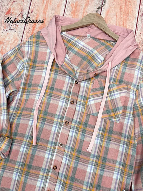Women's Hooded Colorblock Plaid Stylish Casual Shirt Jacket