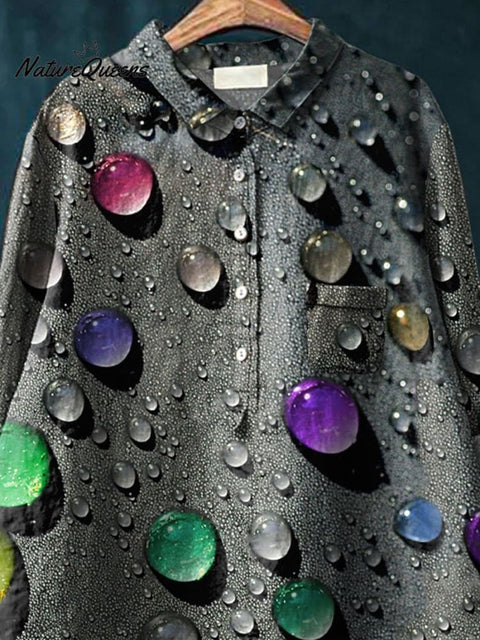 Rainbow Color Water Droplet Art Printed Women's Casual Cotton And Linen Shirt