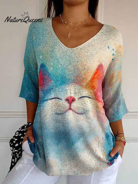 Women's Lovely Cat Art Print Casual Pullover Knit