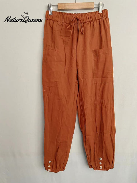 High - Waisted Buttoned Cotton And Linen Pants Cropped Orange / S