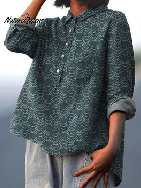 Japanese Geometric Pattern Printed Women's Casual Cotton And Linen Shirt