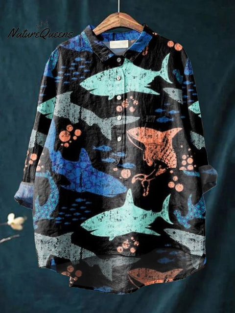 Women's Fish Art Print Casual Cotton And Linen Shirt