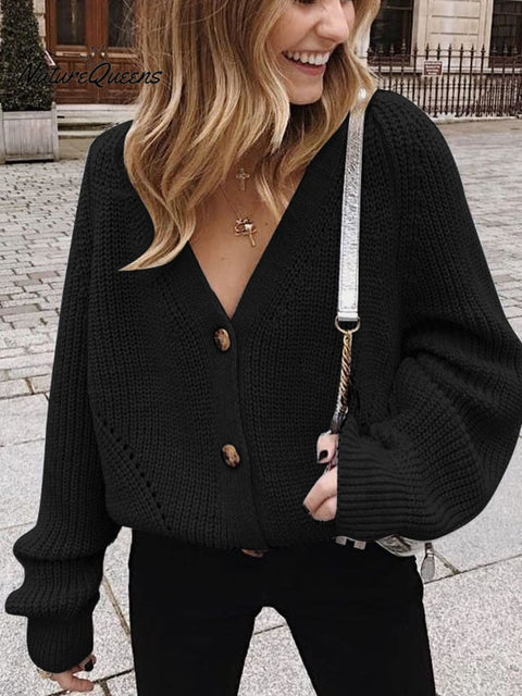 Women's Stylish Casual Long Sleeve Solid Color V-neck Knitted Sweater