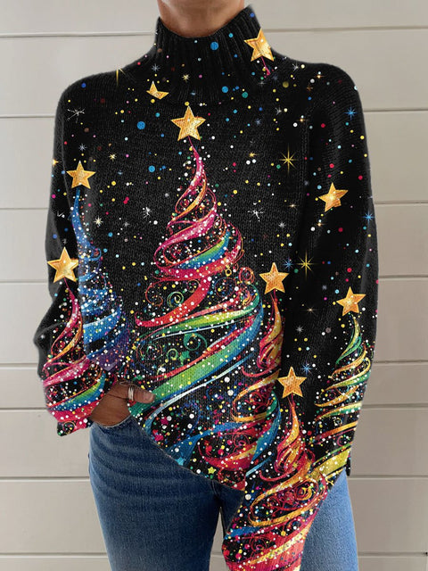 Glitter Christmas Print Knit Turtleneck Pullover Sweater