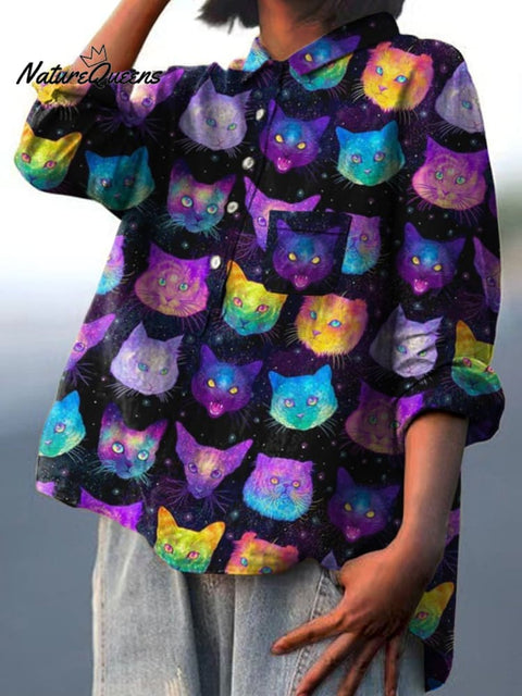 Galaxy And Cats Pattern Printed Women's Casual Cotton And Linen Shirt