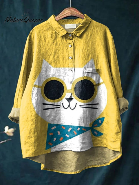 Decorative Pattern of Cute Cat Wearing Sunglasses and Scarf Casual Cotton And Linen Shirt