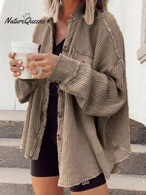 Women's Fall Casual Lapel Neck Patchwork Irregular Shirt Jacket