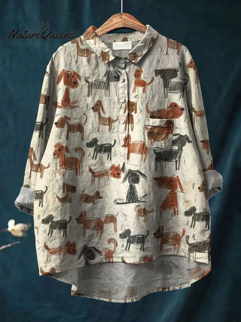 Women's Kid Drawing Art Dog Art Print Casual Cotton And Linen Shirt