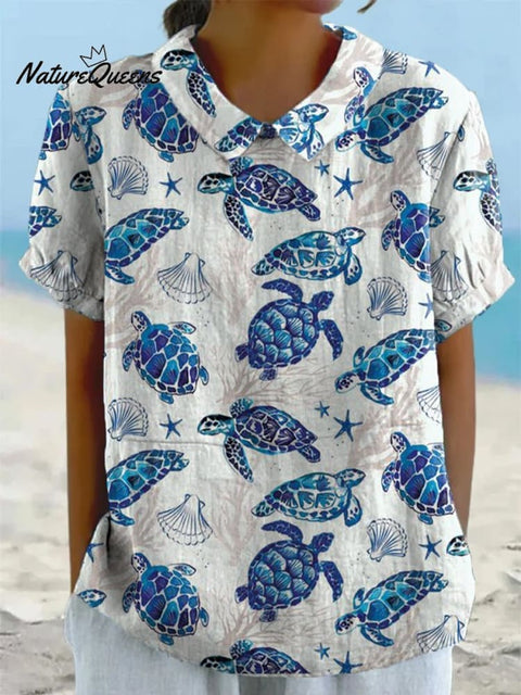Women's Fresh Blue Ink Turtle Print Casual Cotton And Linen Shirt