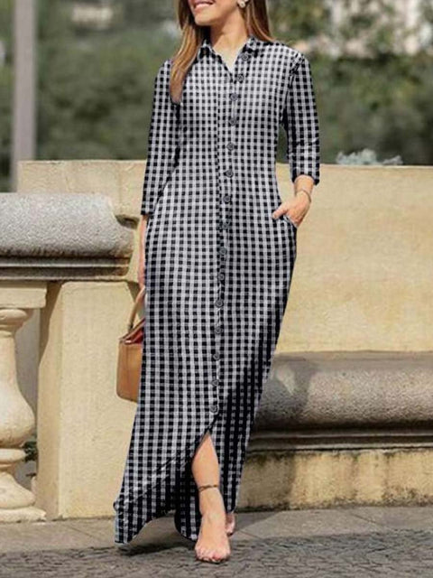 Women's Plaid Pattern Art Print Loose Elegant Casual Lapel Long Sleeve Cotton Long Shirt Dress