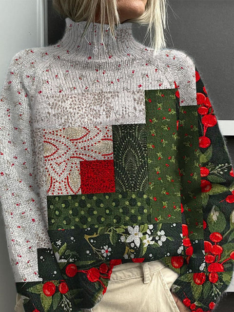 Retro Christmas Art Print Knit Turtleneck Pullover Sweater