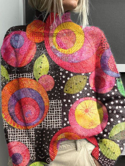 Cute Patchwork Flower Art Print Knit Turtleneck Pullover Sweater