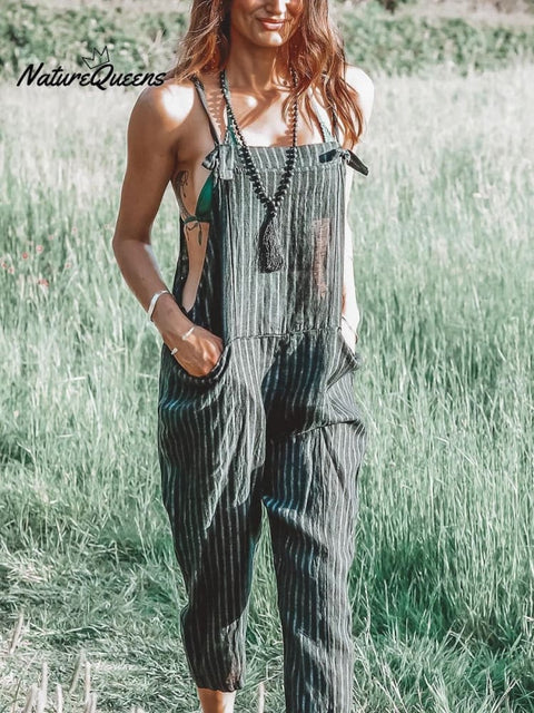 Women's Casual Cotton And Linen Stripe Pattern Printed Jumpsuit