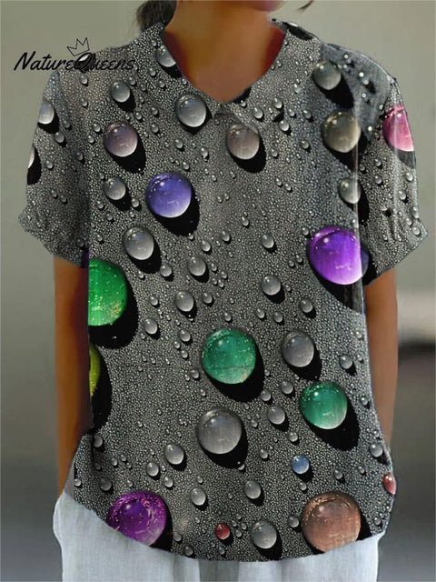 Rainbow Color Water Droplet Art Printed Women's Casual Cotton And Linen Shirt