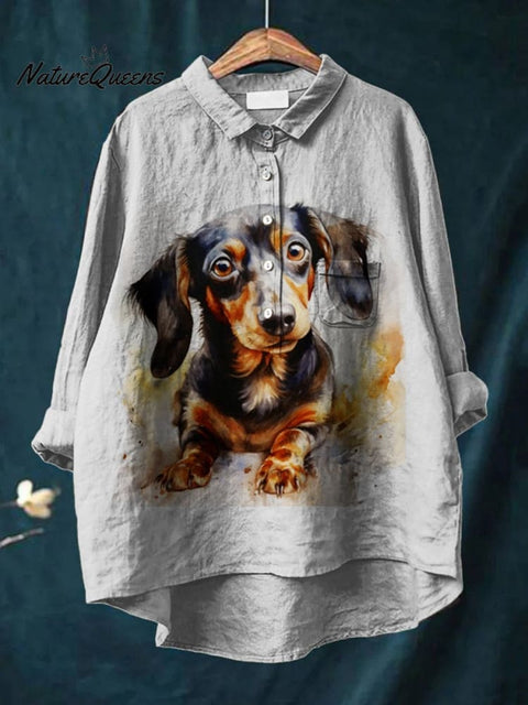 Women's Funny Dog  Art Print Casual Cotton And Linen Shirt