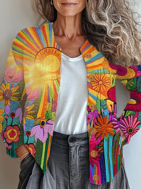 Retro Hippie Art Print Buttoned Cardigan Sweater
