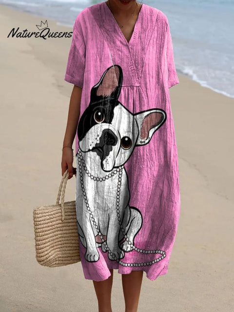 Cute French Bulldog Wearing Pearl Necklace with Head Tilted Decorative Pattern Flowy Dress