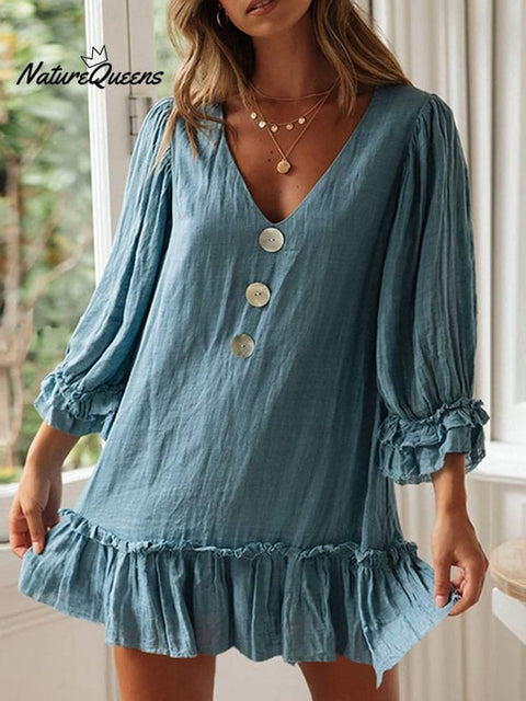 Women's Long Sleeve Ruffle Hem Cotton And Linen A-Line Dress