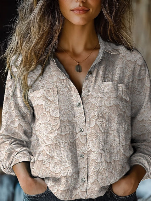 Elegant Lace Pattern Printed Women's Casual Long Sleeve Comfortable Cotton Shirt