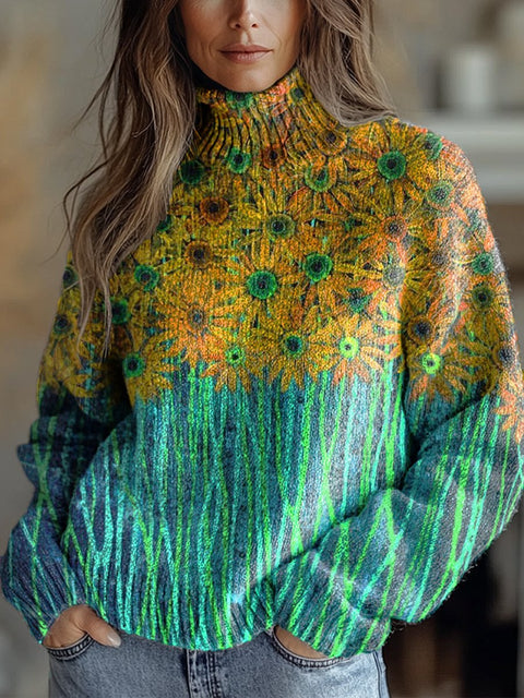Retro Gradient Creative Yellow Florets Print Knit Turtleneck Pullover Sweater