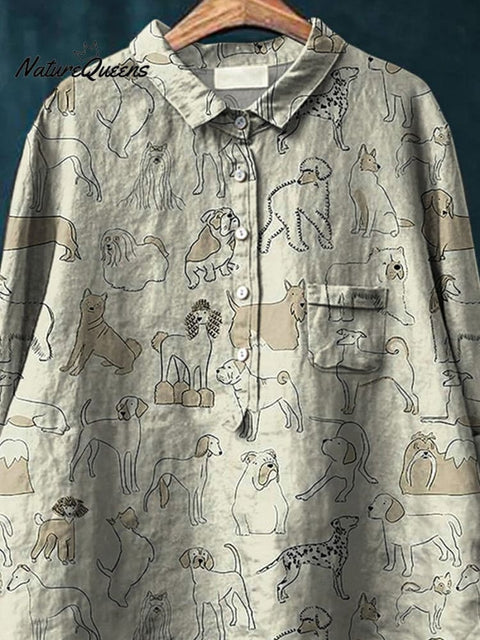 Line Drawing Dogs Pattern Printed Women's Casual Cotton And Linen Shirt