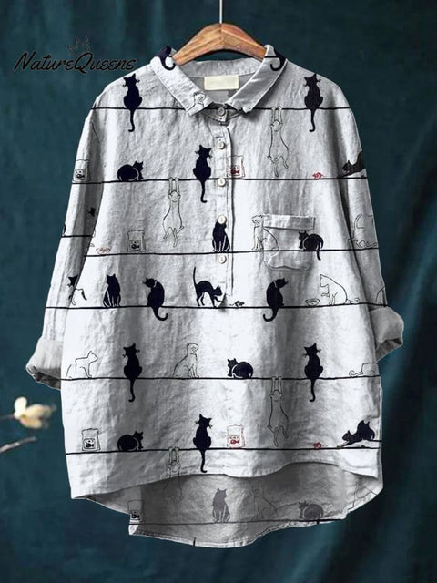 Women's Cat Art Print Casual Cotton And Linen Shirt