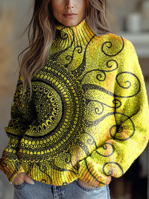 Yellow Sunflowers Print Knit Turtleneck Pullover Sweater