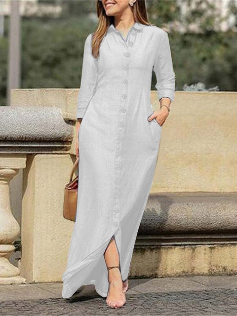 Women's Solid Color Loose Elegant Casual Lapel Long Sleeve Cotton Long Shirt Dress