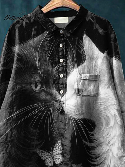 Black Cat And White Cat Art Printed Women's Casual Cotton And Linen Shirt