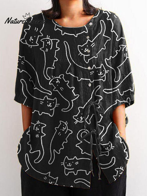 Lovely Cartoon Cat Repeat Pattern Printed Women's Casual Cotton And Linen Shirt