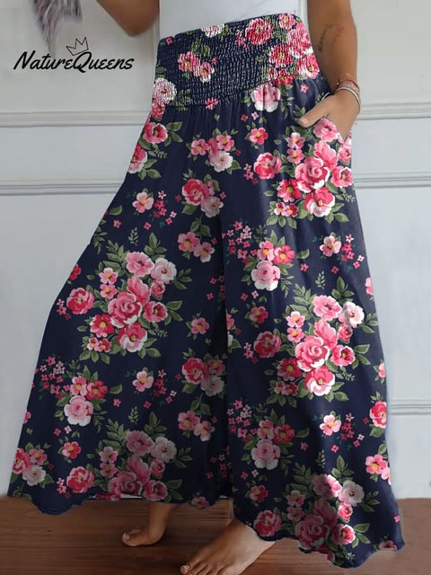 Lovely Retro Rose Pattern Printed Women's Cotton Wide Leg Pants