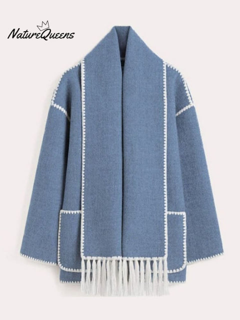 Women's Thickened Loose Woolen Coat with Scarf and Tassels