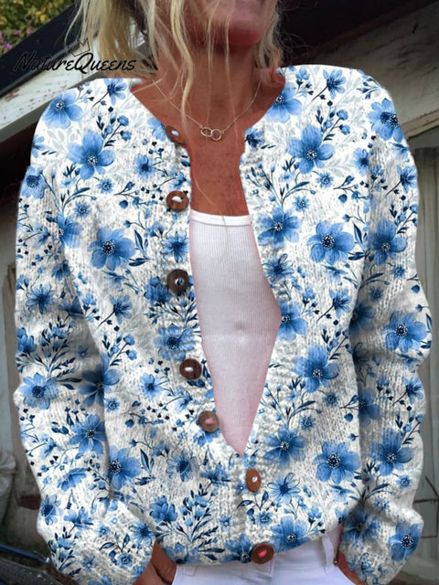 Beautiful Small Blue Flowers Print Buttoned Cardigan Sweater