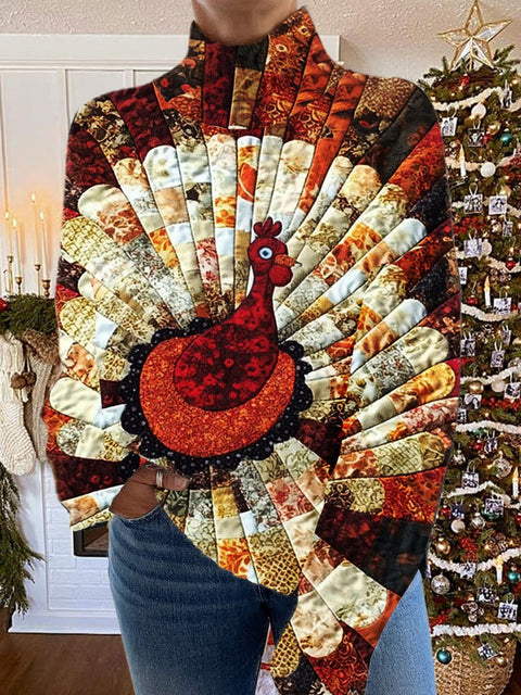Turkey Art Print Knit Turtleneck Pullover Sweater