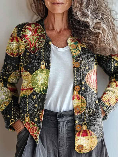 Women's Lovely Christmas Shiny Ball Art Print Buttoned Cardigan Sweater