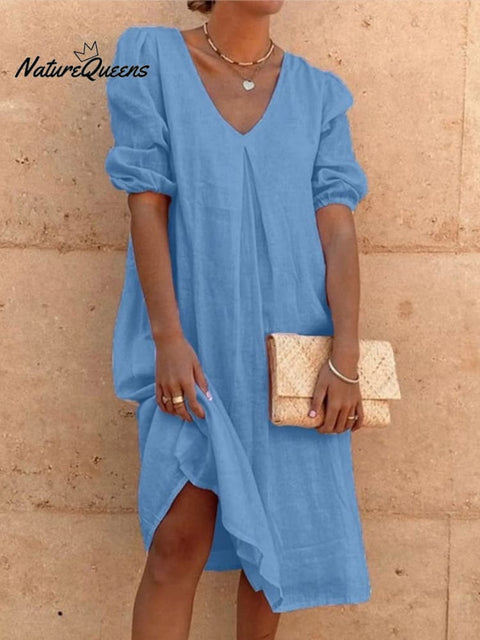 Cotton And Linen Solid Color Long Sleeve Casual Midi Dress