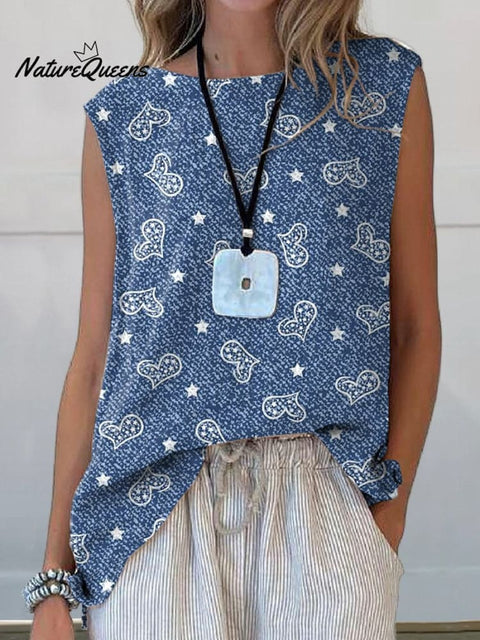 Denim Style Heart Pattern Printed Women's Casual  Cotton And Linen Tank Top