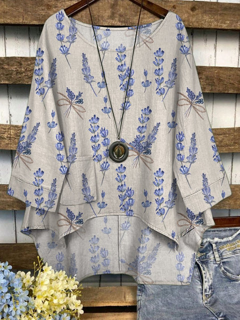 Lovely Lavender Repeat Pattern Printed Women's Casual Long Sleeve Comfortable Cotton Top