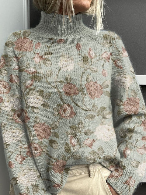 Elegant Floral Decorative Pattern Knit Turtleneck Pullover Sweater