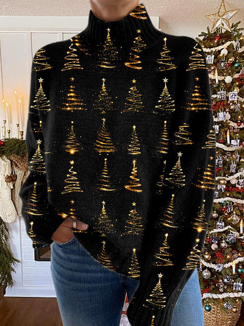 Glitter Christmas Print Knit Turtleneck Pullover Sweater