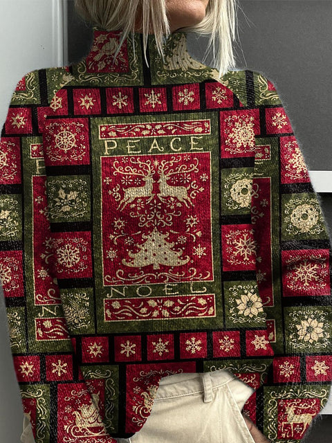 Retro Christmas Patchwork Print Knit Turtleneck Pullover Sweater