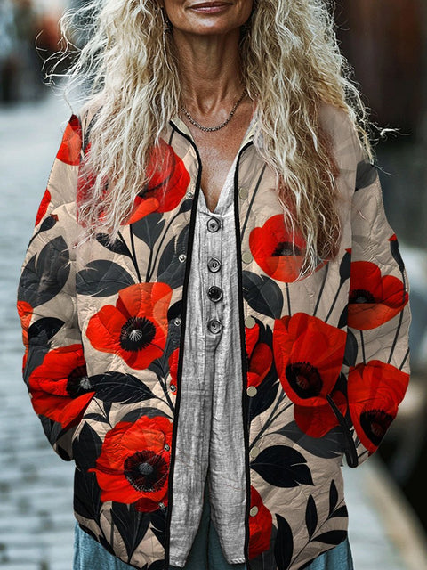 Women's Flower Art Print  Casual Quilted Jacket
