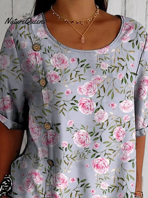 Elegant Pink French Rose Pattern Printed Women's Casual Cotton Shirt