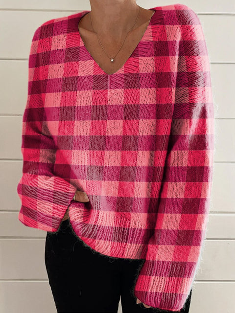Bright Red Plaid Decorative Pattern Casual V-neck Pullover Knit