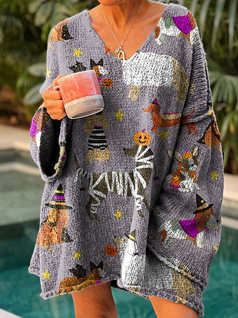 Halloween Dog Pumpkin Ghost Women's Casual Pullover Sweater