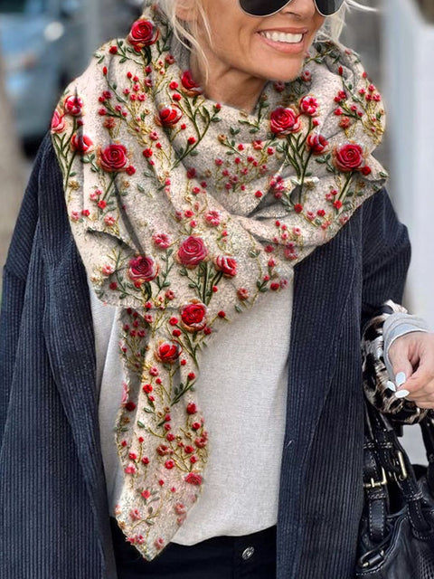 Women's Flower Print Casual Knitted Blanket Poncho Hood Cape