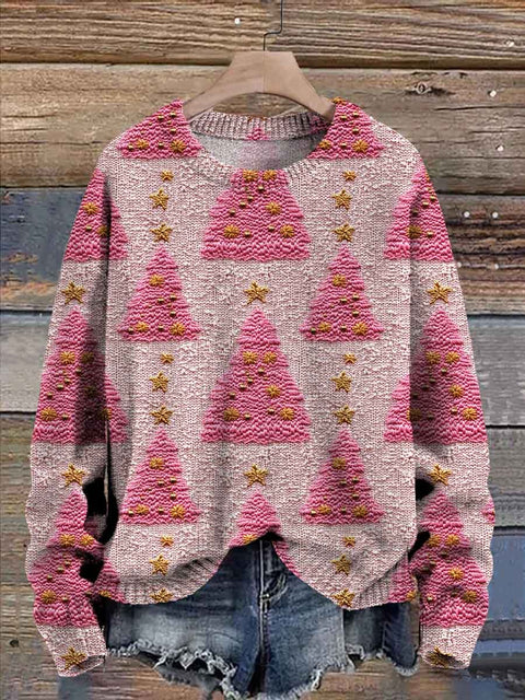 3D Knit Stitch Christmas Tree Pattern Printed Knit Pullover Sweater