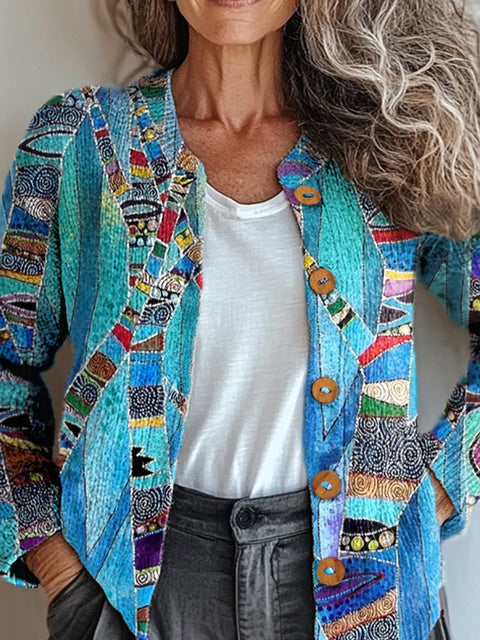 Oil Painting Abstract Woodland Art Printed Buttoned Cardigan Sweater